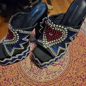 Azalea Wang Black Platform Heels with Red and Blue Embellishments